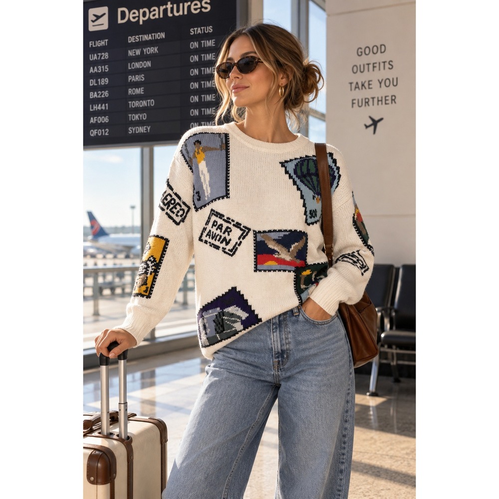 Vintage JH Collectibles Petite Travel Novelty Sweater Cotton Postcard Airplane S